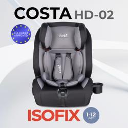 Автокресло детское Costa HD-02, крепление ISOFIX, группа 1 / 2 / 3, от 9 месяцев до 12 лет, от 9 до 36 кг, цвет черно-серый
