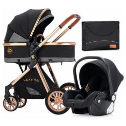 Детская коляска - трансформер Luxmom v9 3в1 черный, всесезонная, автолюлька